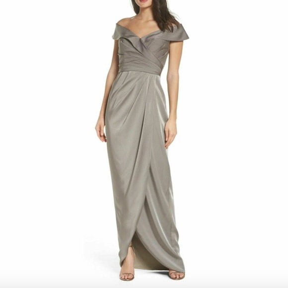 La Femme Surplice Off the Shoulder Column Gown 4 - Picture 2 of 6